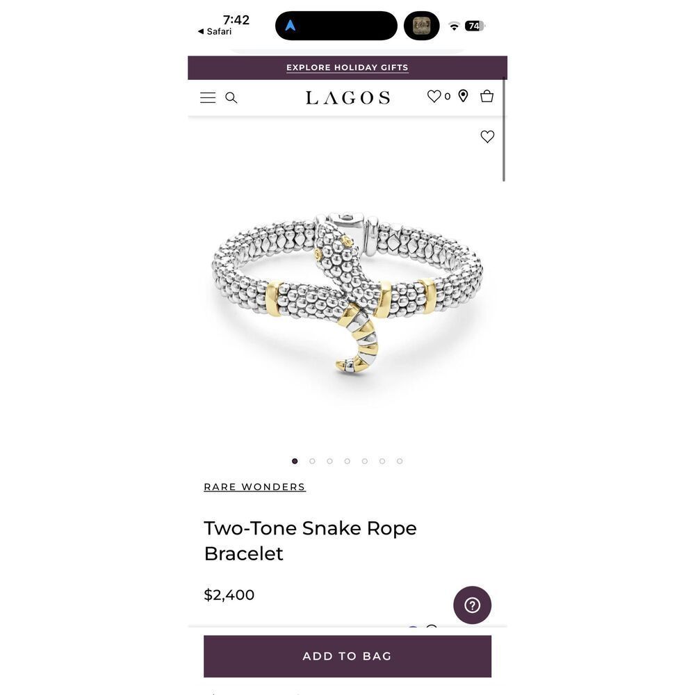 Authentic Lagos Rare Wonders Two-Tone Snake Rope Bracelet Sterling 18k